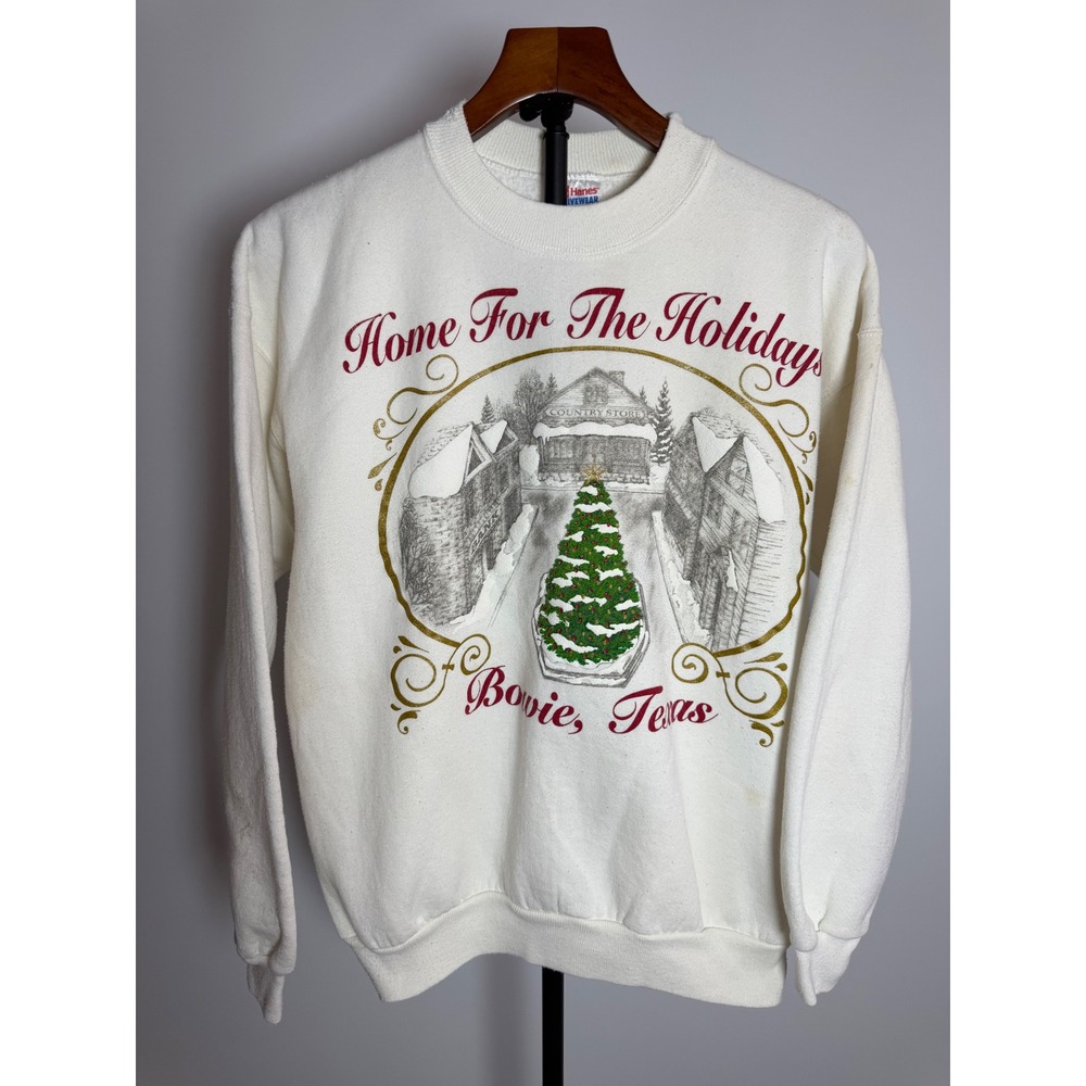 Vintage Hanes Bowie Texas Home For The Holidays Christmas Sweatshirt White Large